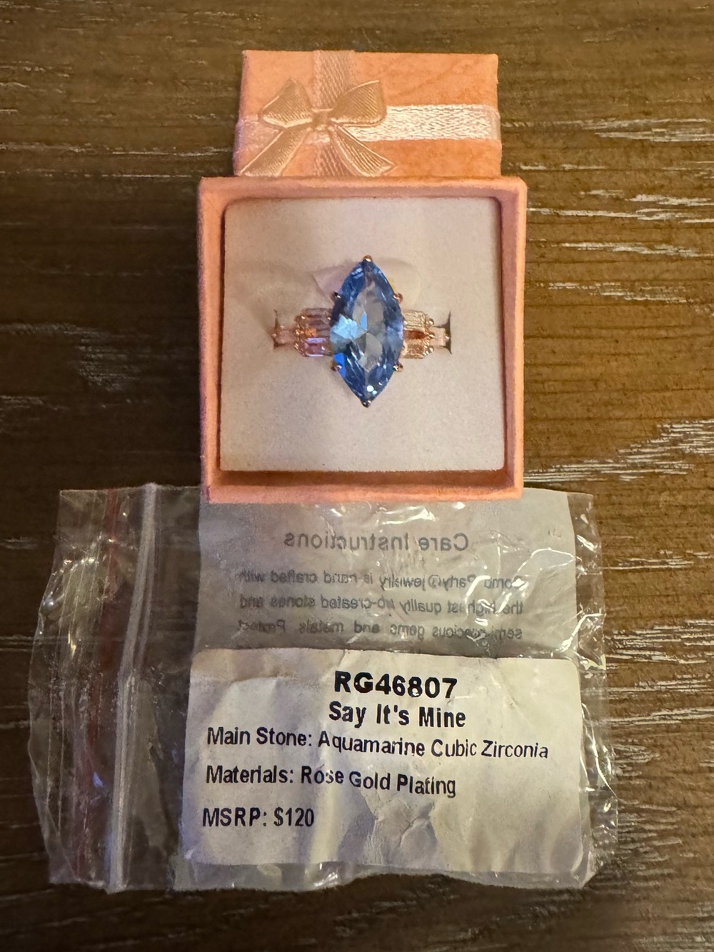 Bomb Party Size 7 Say It's Mine Rose Gold Ring with Aquamarine Cubic Zirconia